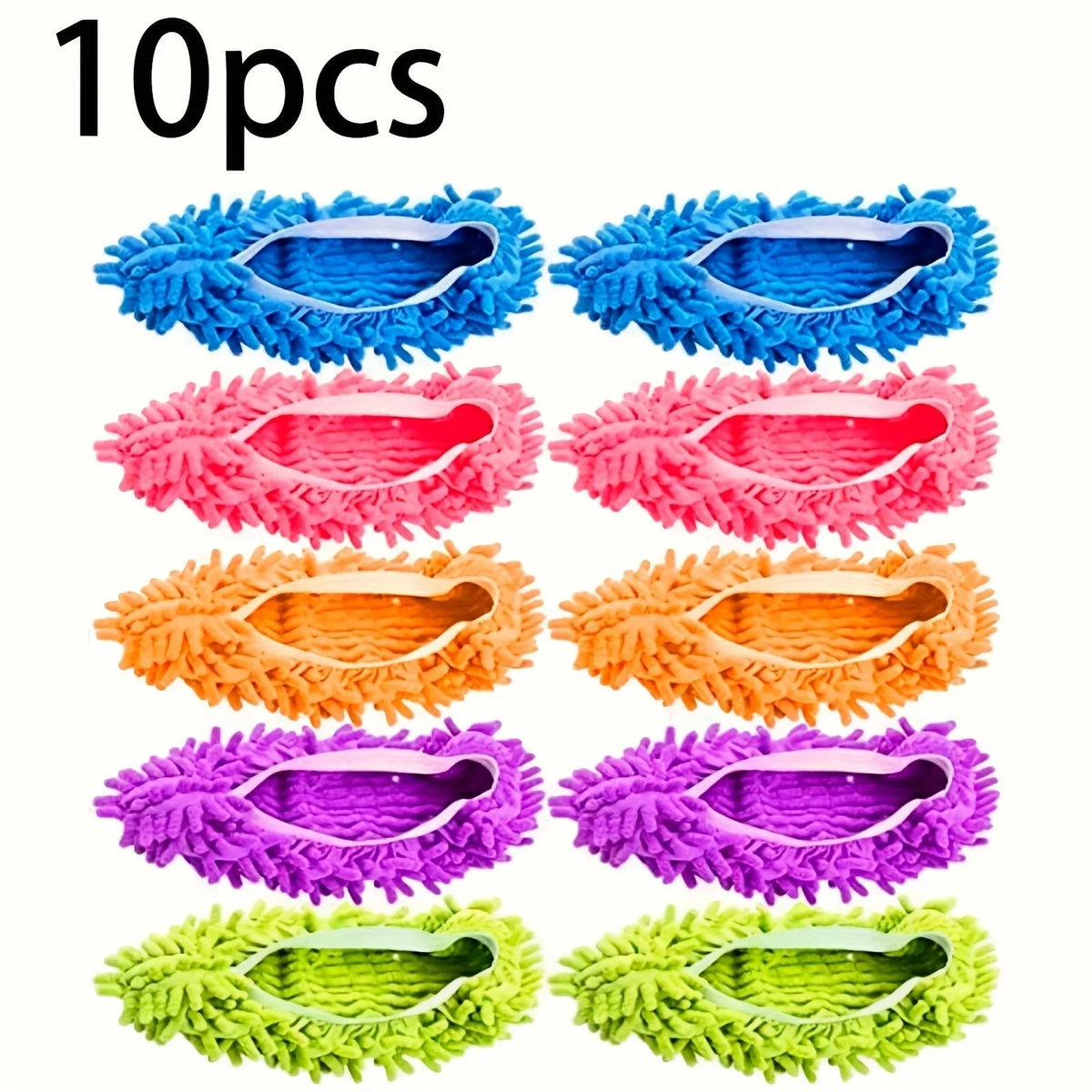 Ten brightly colored, fluffy dust-absorbing slippers for floor cleaning in various shades of blue, pink, orange, purple, and 