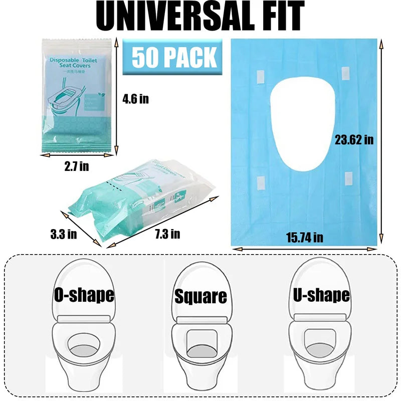 A package of 50 disposable toilet seat covers in various shapes including O-shape, square, and U-shape.
