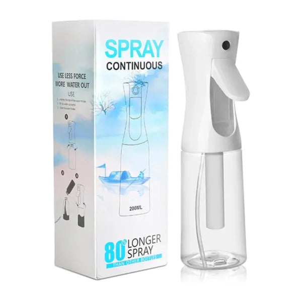 A white spray bottle dispenser with a pump mechanism is shown next to its packaging box.