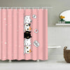 Pink shower curtain featuring cute cartoon cats and speech bubbles