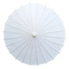 Parasol de papel blanco con costillas radiantes, usado para fiestas y decoración.