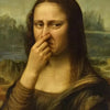A portrait painting of a woman with long dark hair touching her face, set against a muted landscape.