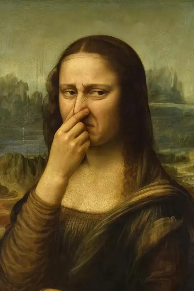 A portrait painting of a woman with long dark hair touching her face, set against a muted landscape.