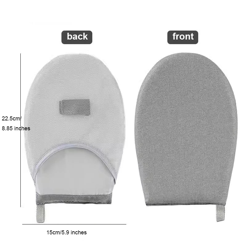A heat resistant ironing pad shown from the back and front, gray color.