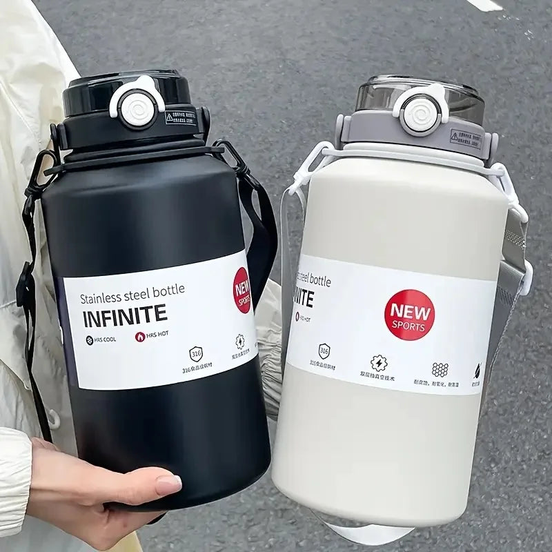 A hand holds a black stainless steel bottle with a lid and straw, next to a white insulated bottle.