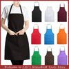 A collection of various colored and style cooking aprons displayed against a white background.