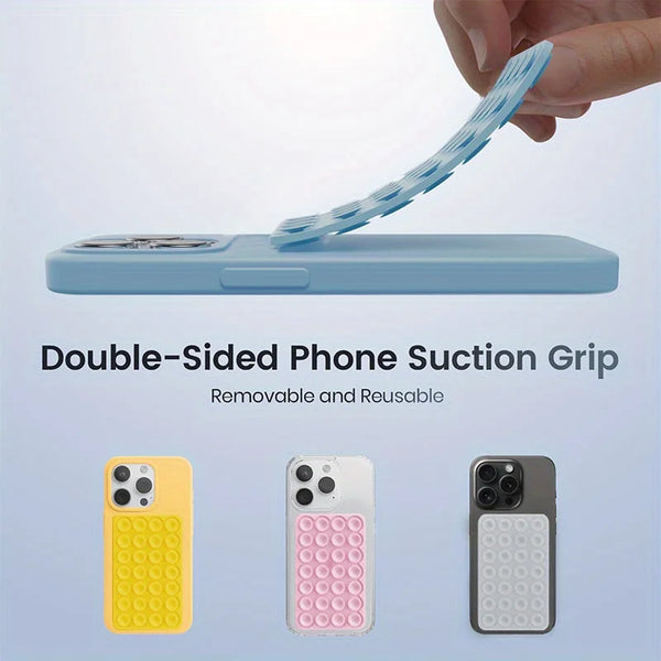 A hand is gripping a blue silicone suction cup phone grip, demonstrating the double-sided phone suction grip for hands-free u