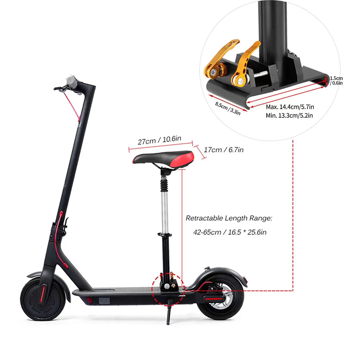 A black electric scooter with a folding seat and adjustable length range shown in detail.