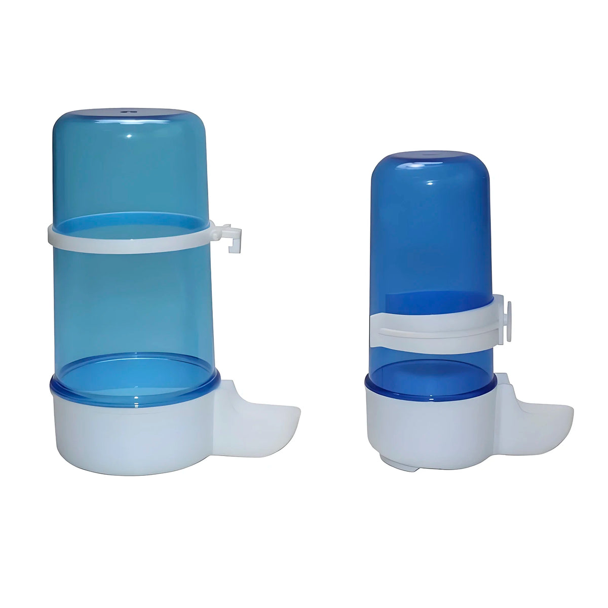 A blue plastic bird drinking trough with a white base and feeding spout.