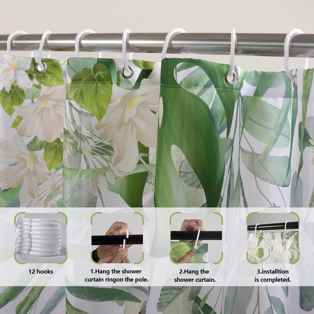 A set of 12 hooks and a shower curtain with a tropical leaf pattern are shown for installation.