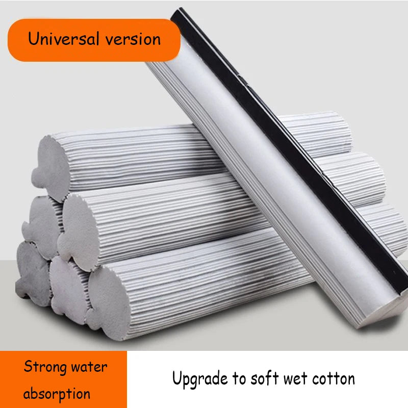 Rolls of replacement sponge mop heads showing a universal version and an upgrade to soft wet cotton.