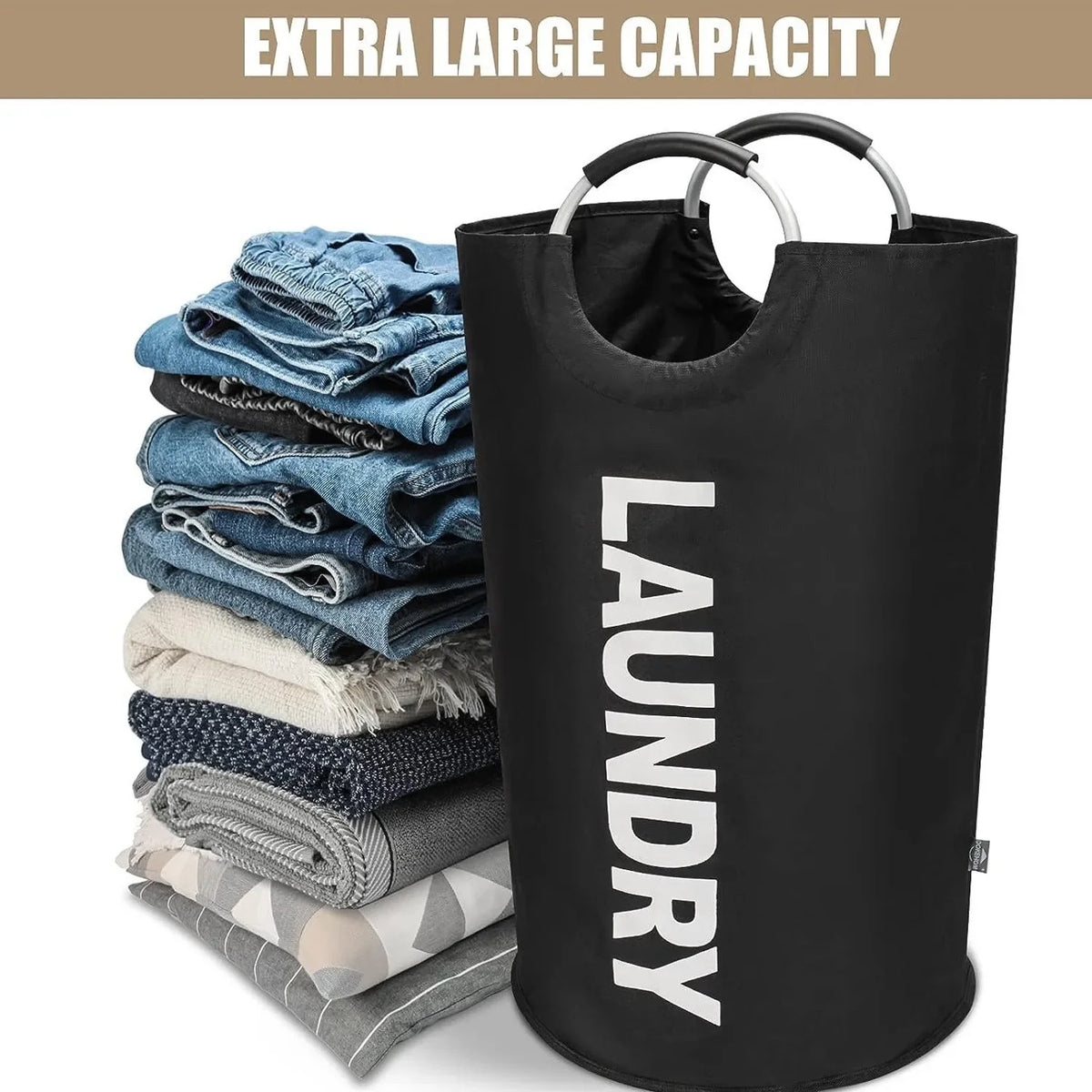 Black extra large waterproof laundry basket with padded handle filled with folded denim clothing