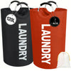 Two orange and black fabric laundry hampers with hanging loops