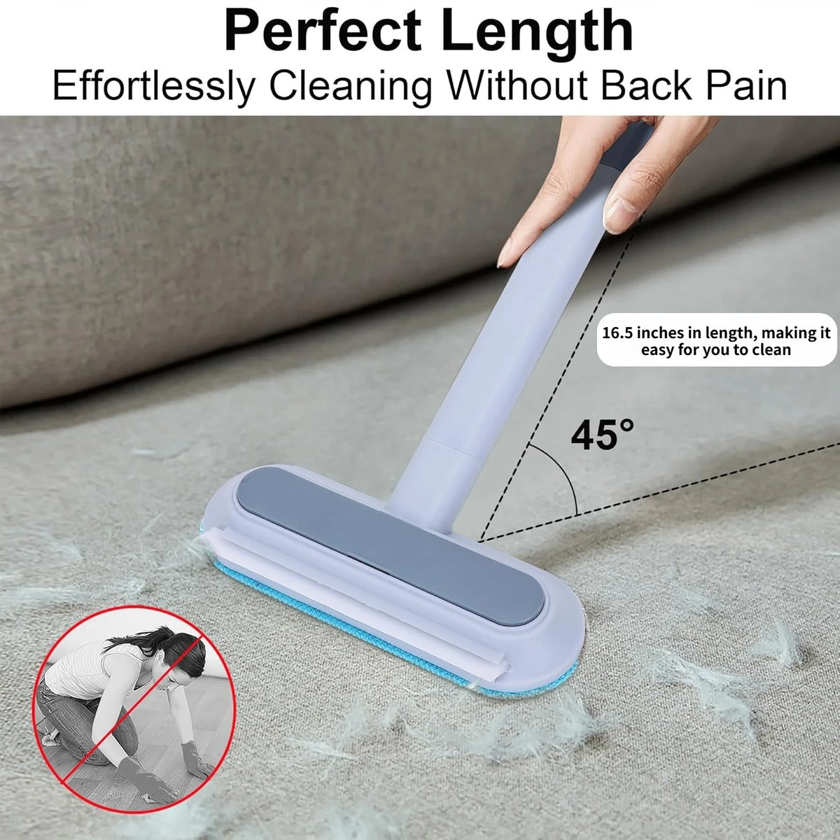 A hand is using a long, light blue cleaning tool to remove pet hair from a carpet.