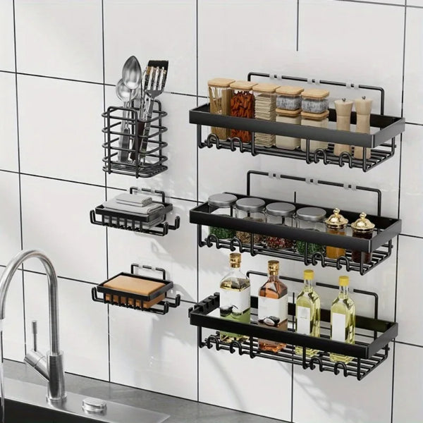 Black self-adhesive shower caddy organizer rack mounted on a white tiled wall.