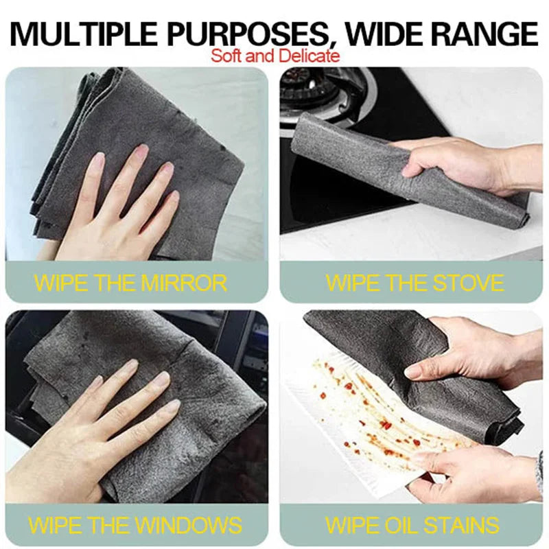 A set of gray microfiber cleaning cloths used for wiping mirrors, stoves, windows, and oil stains.