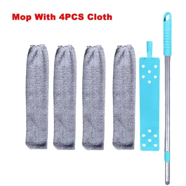 A set of four grey cloth mops with a telescopic handle for cleaning hard-to-reach areas.