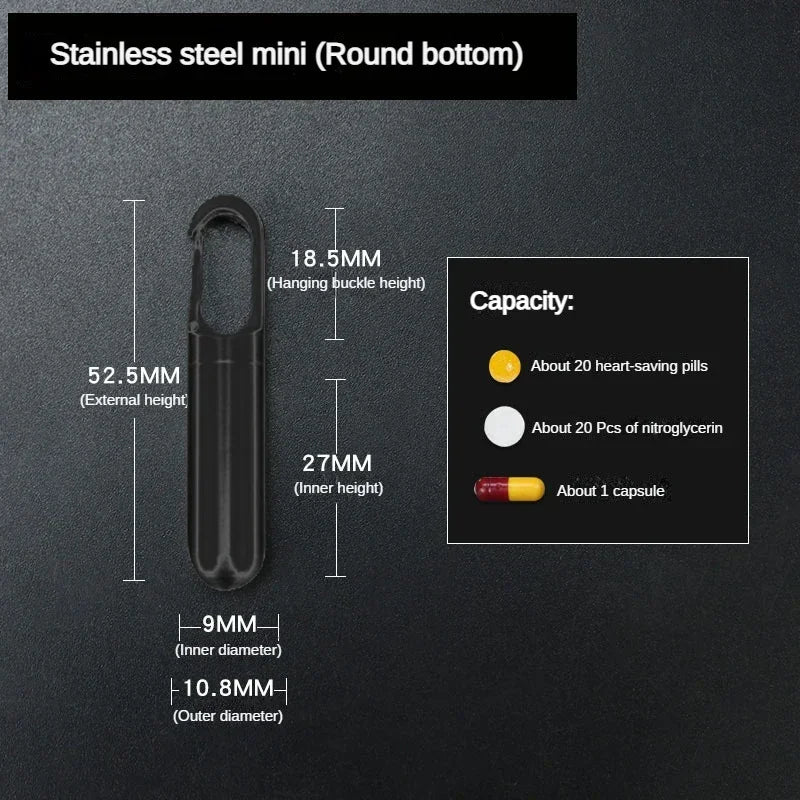 Stainless steel mini pill box with a round bottom showing internal and external dimensions.