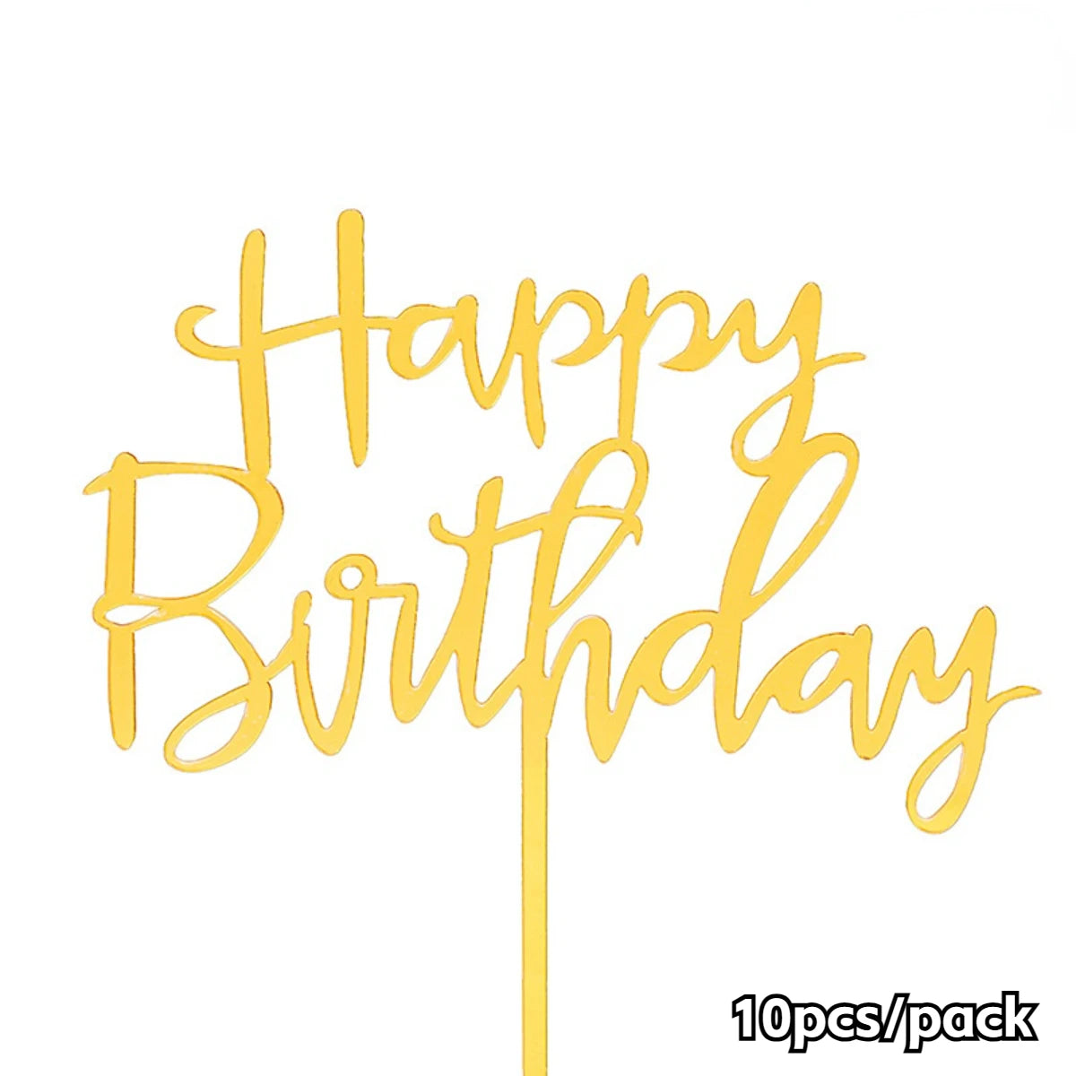 Yellow script text that reads Happy Birthday on a gold acrylic topper