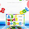 Set magnetische Buchstaben- und Zahlen-Stifte zum Lernspiel für Kinder, einschließlich des Wortes 'welt' und mathematischer G