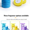 A set of three colored disposable toilet brush heads for cleaning and odor removal.
