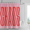Pink shower curtain featuring abstract geometric art in coral and white stripes.