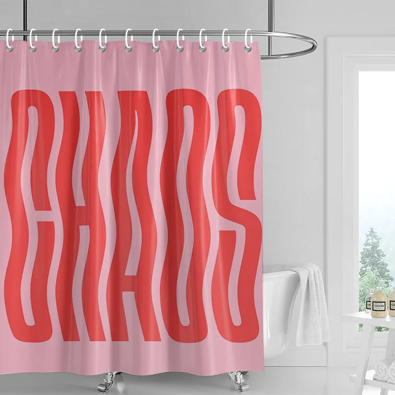 Pink shower curtain featuring abstract geometric art in coral and white stripes.