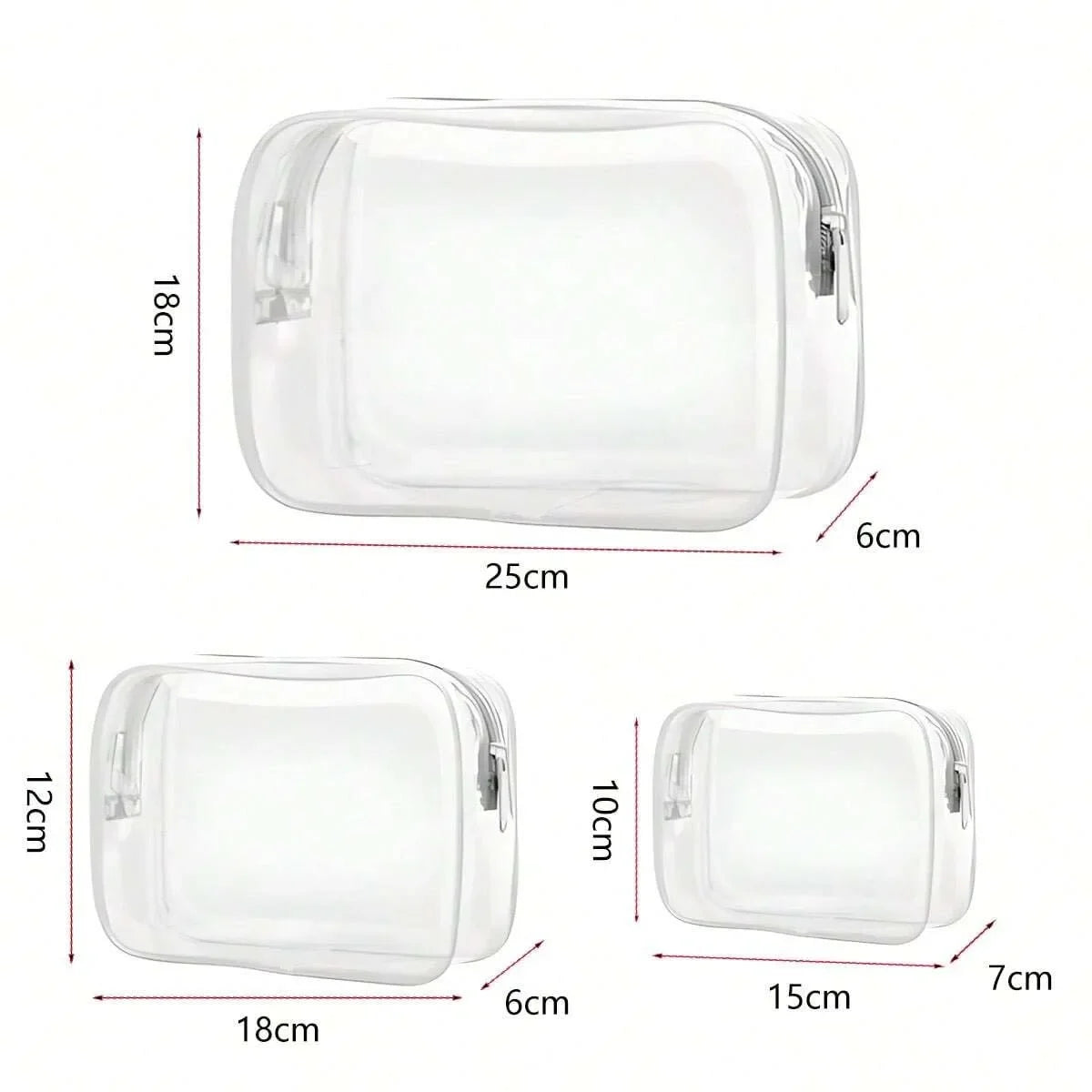 Bolsa organizadora cosmética transparente portátil mostrada en varias dimensiones y ángulos.