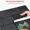 Close-up of black interlocking drainage mat with various colored sections being assembled for DIY project