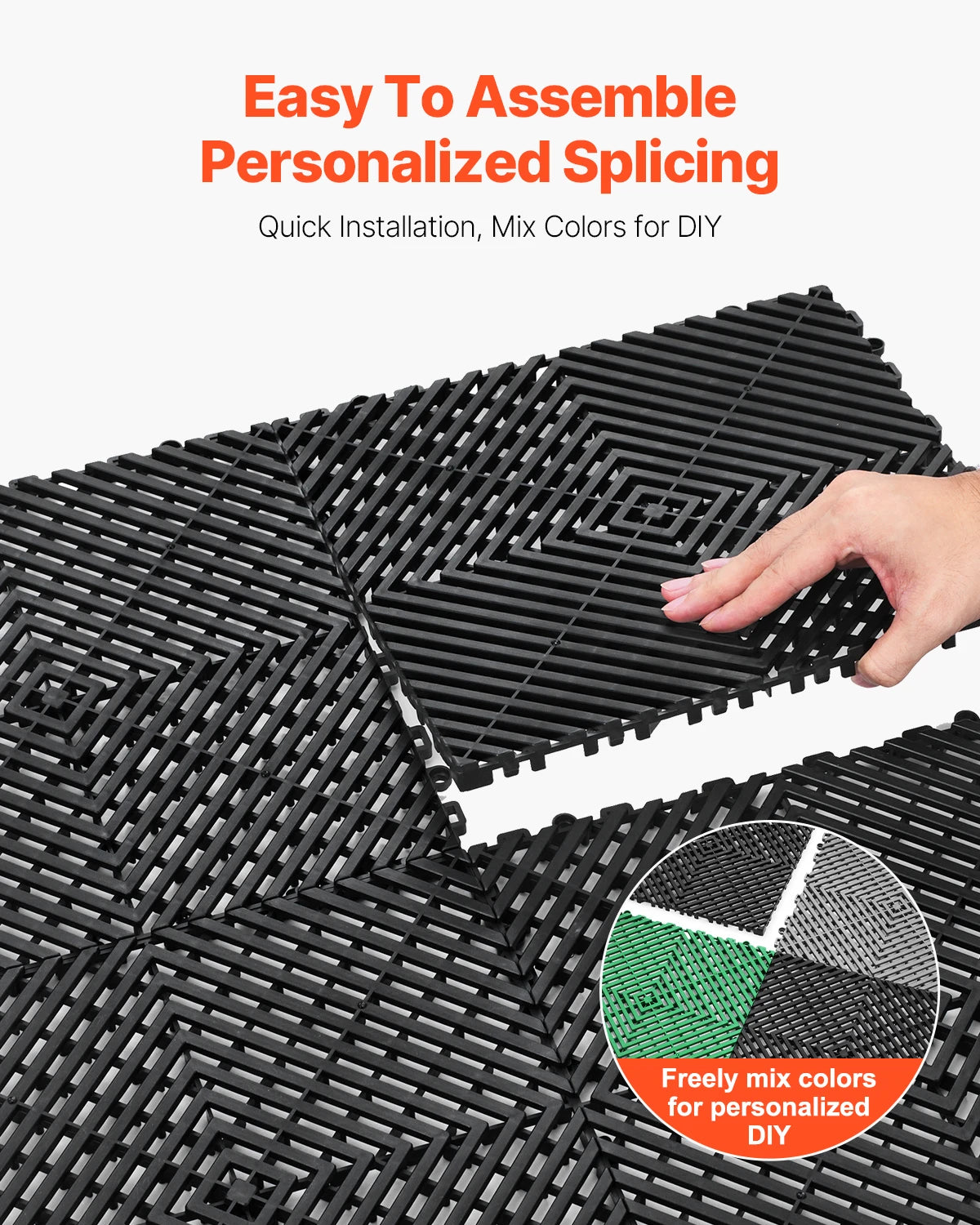 Close-up of black interlocking drainage mat with various colored sections being assembled for DIY project