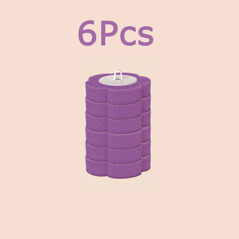 A set of six purple reusable toilet cleaning brushes stacked vertically.