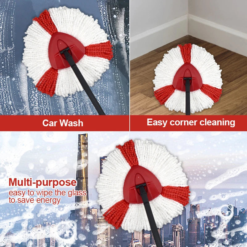 A red and white microfiber mop head replacement for a spin mop system used for car washing and cleaning corners.