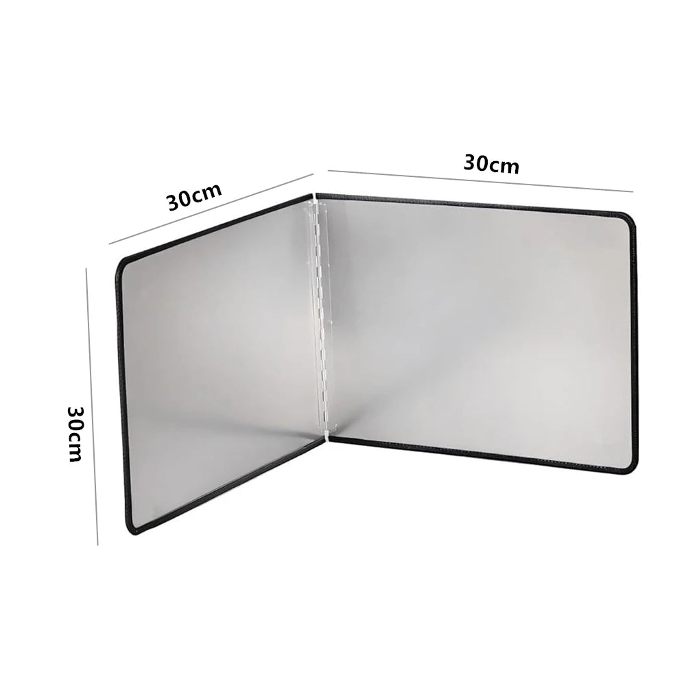 A foldable stainless steel oil splash guard for the stovetop, shown open with dimensions marked.