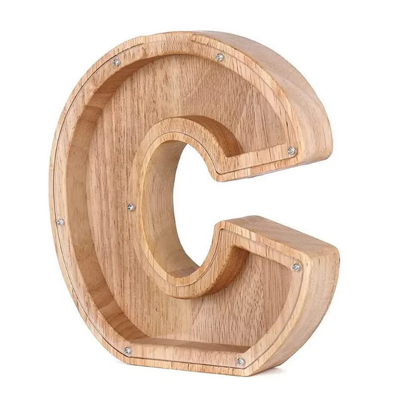 Piggy bank shaped like the letter C, made of wood, for savings