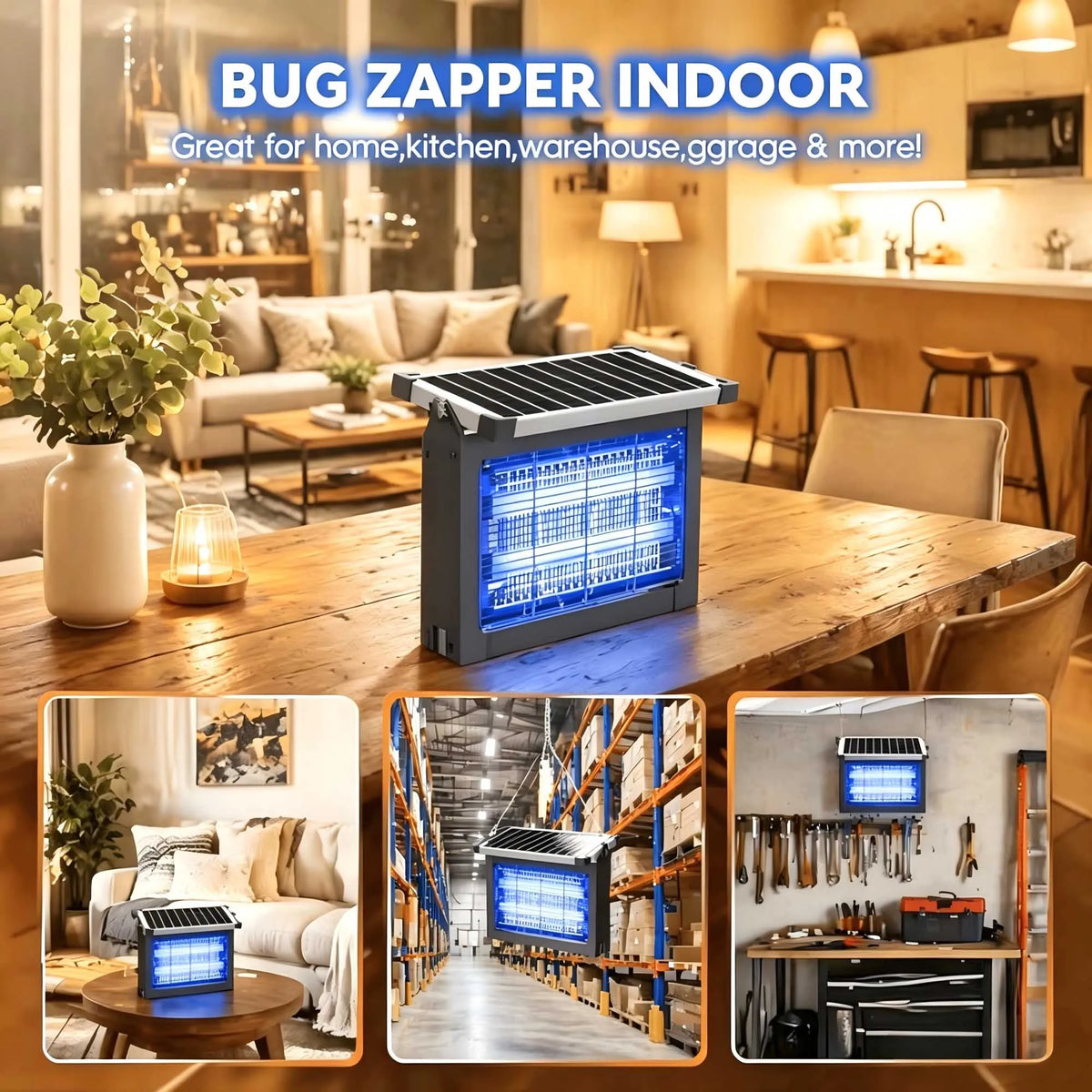 Ein schwarzes Insekten-Zapper-Gerät auf einem Holztisch, mit eingebetteten Bildern seiner Verwendung in verschiedenen Innen- 