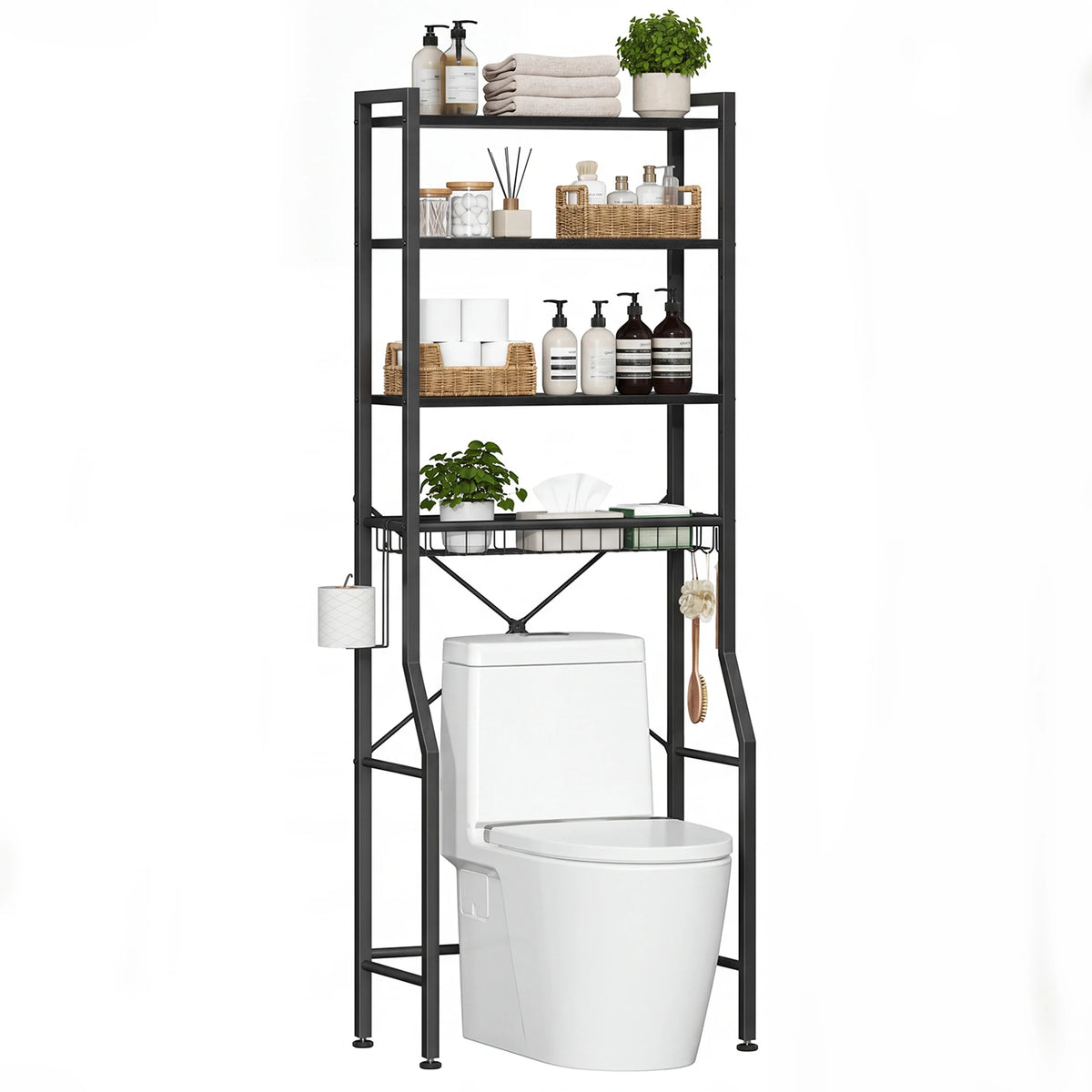 A black over-the-toilet storage shelf organizer with various bathroom and toilet items displayed on the shelves.
