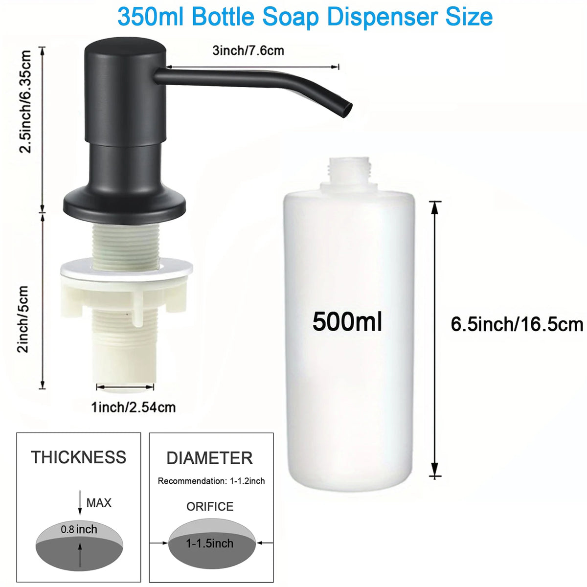 A black stainless steel liquid soap dispenser bottle with a 350ml capacity and a pump top.
