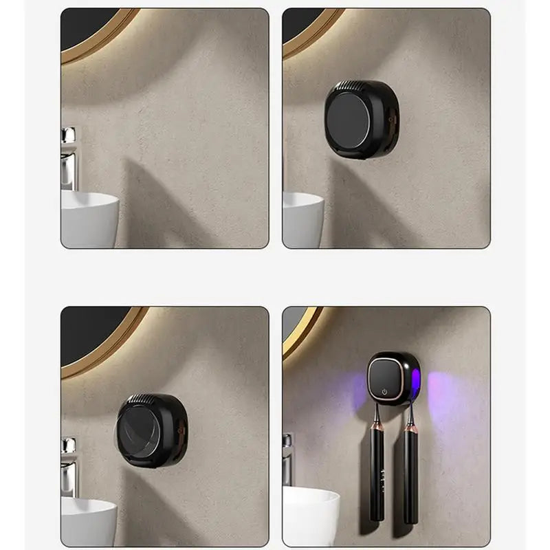 A portable UV electric toothbrush cleaner is shown in various close-up shots against a neutral background.