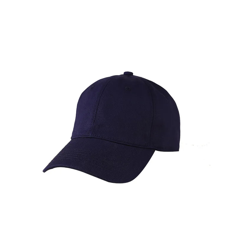 A navy blue customizable cotton baseball cap shown from the side.