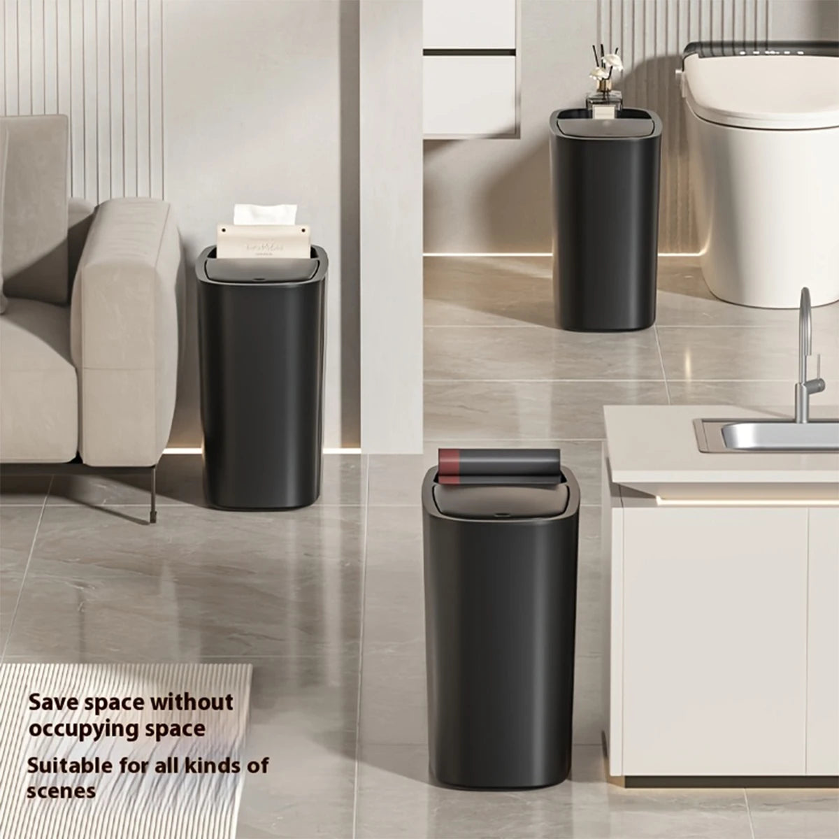 A black odor-sealing trash can with a press lid is shown on a modern bathroom counter and floor.
