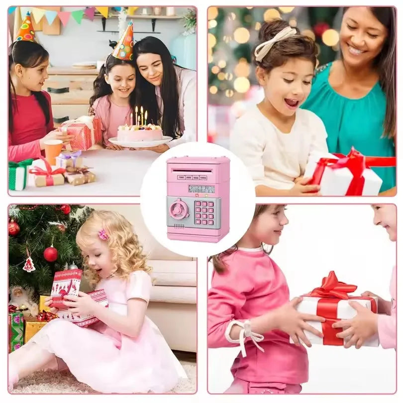 A pink electronic password piggy bank is shown with various gift boxes and a smiling child.