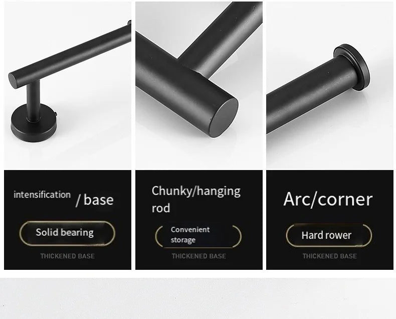 Three views of a black heavy duty towel rack featuring different finishes and mounting options.
