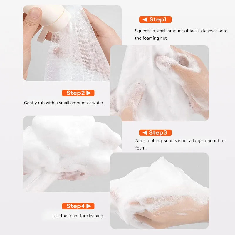 A four-step guide showing how to use bulk soap net bags for showering, involving squeezing cleanser and using the resulting f