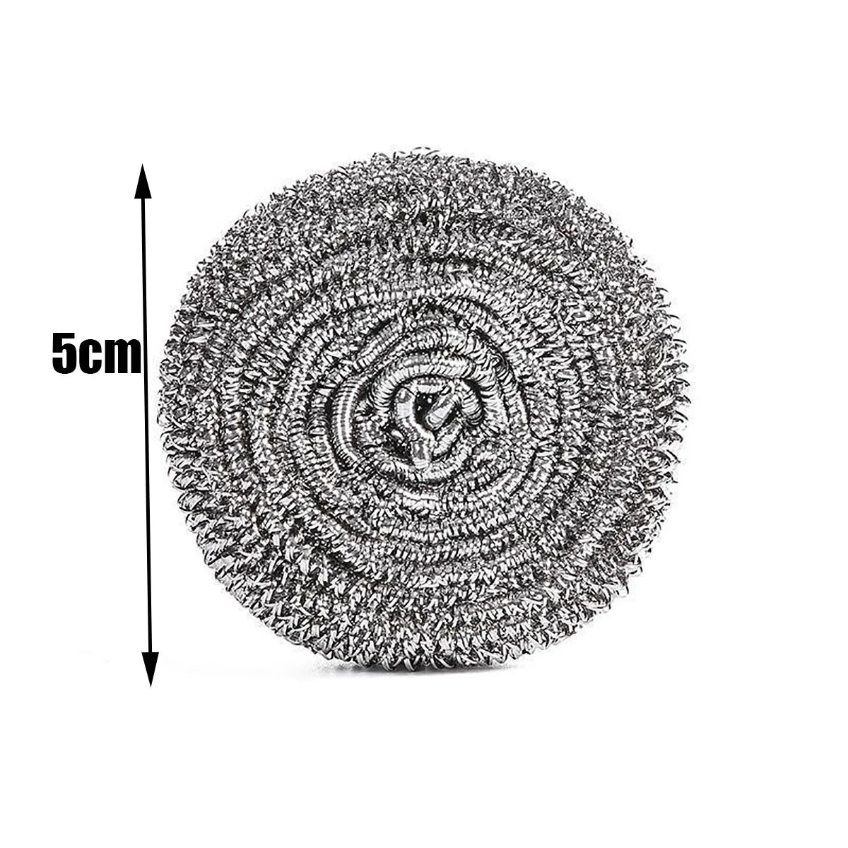 A circular pad of stainless steel scrubber material with a 5cm dimension shown against a white background.