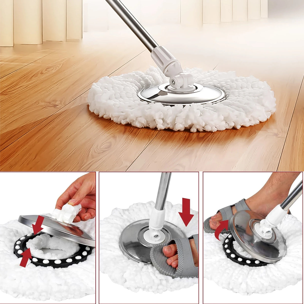 Close-up view of replacement microfiber spin mop heads being used on a wooden floor.
