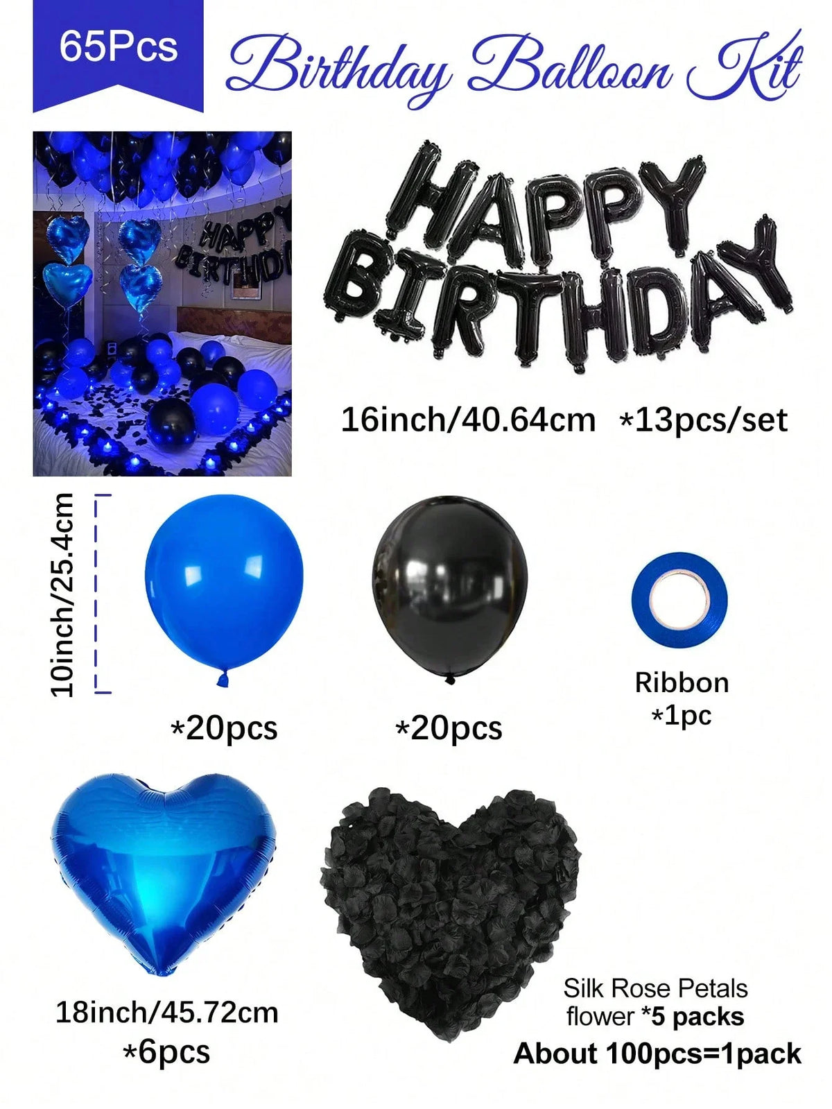A birthday balloon kit featuring blue hearts, black balloons, and silk rose petals for party decoration.