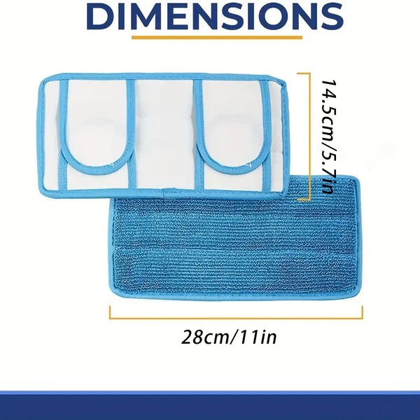 A set of two blue microfiber mop pads and a white pad with dimensions shown.