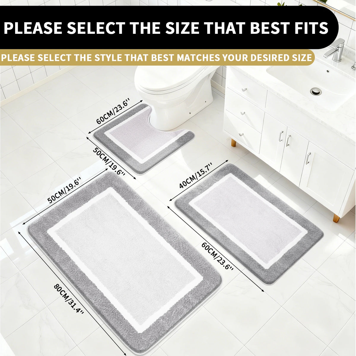A set of gray and white microfiber bath mats are displayed next to a toilet and sink vanity.