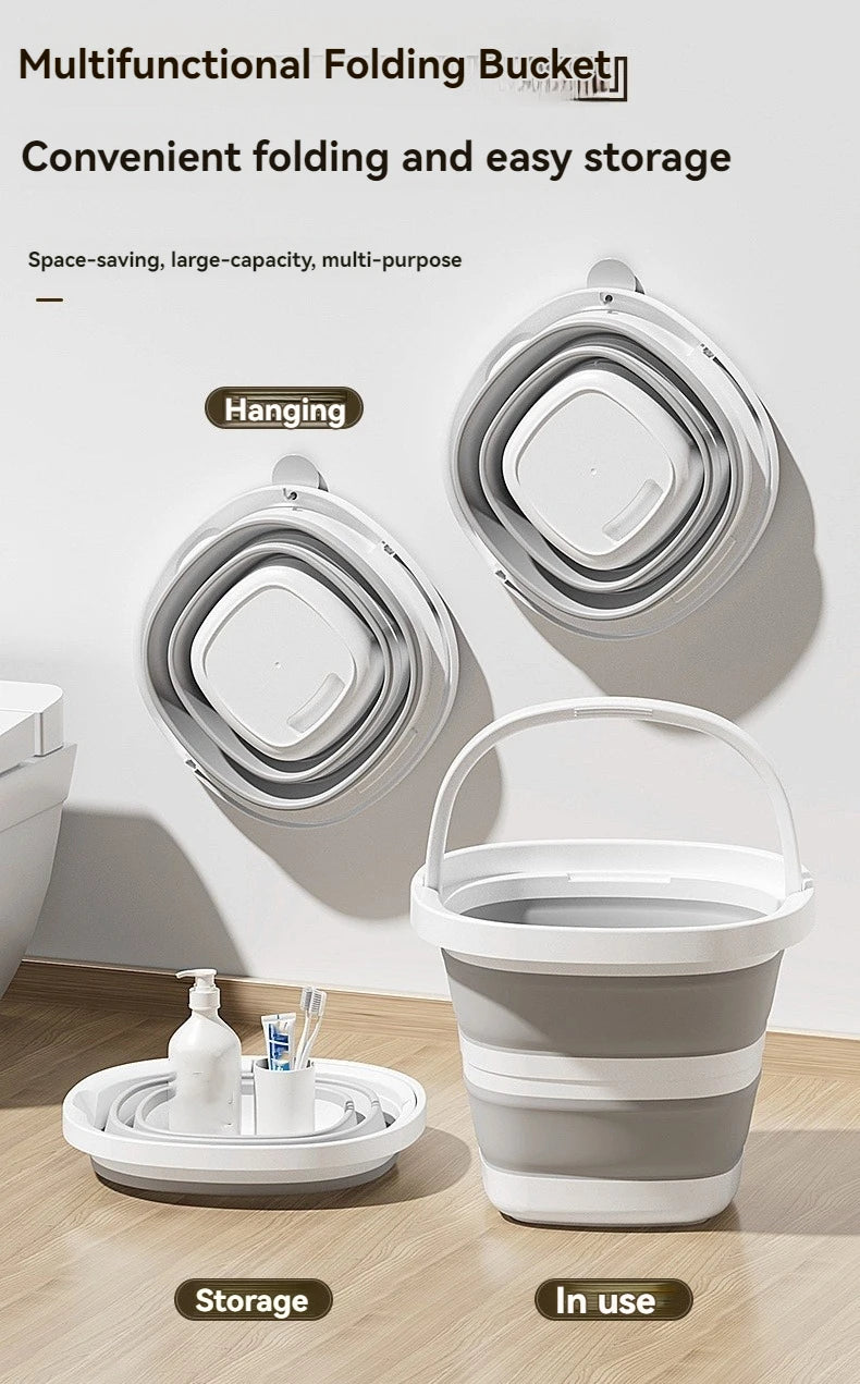 A white folding bucket with an arc handle is shown in various forms: hanging, stored flat, and in use on a floor.