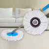 White fluffy replacement mop heads with blue handles and black centers for rotating spin mops